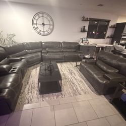 Gray power leather reclining sectional and tables - 7 Pieces