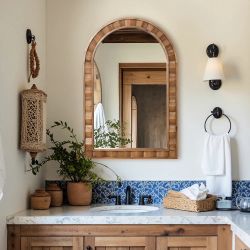 Rustic Solid Frame Arch Rectangle Wood Wall Mirror, 35"H ,A2656