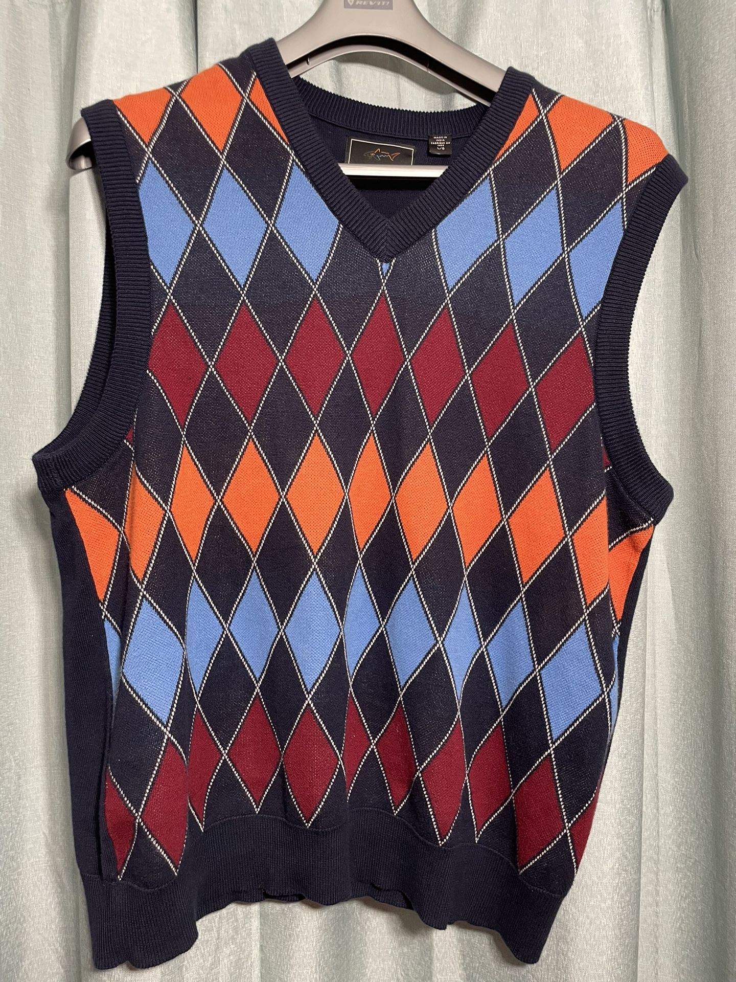 Men’s Size L Greg Norman Golf argyle Sweater Vest Navy Blue Orange 