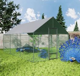 L118.11x W237"× H108.6" Large Outdoor Chicken Coop Metal Turkey Running Cage Duck House with Water-proof 600D Oxford Cloth Cover for Backyard, Accommo