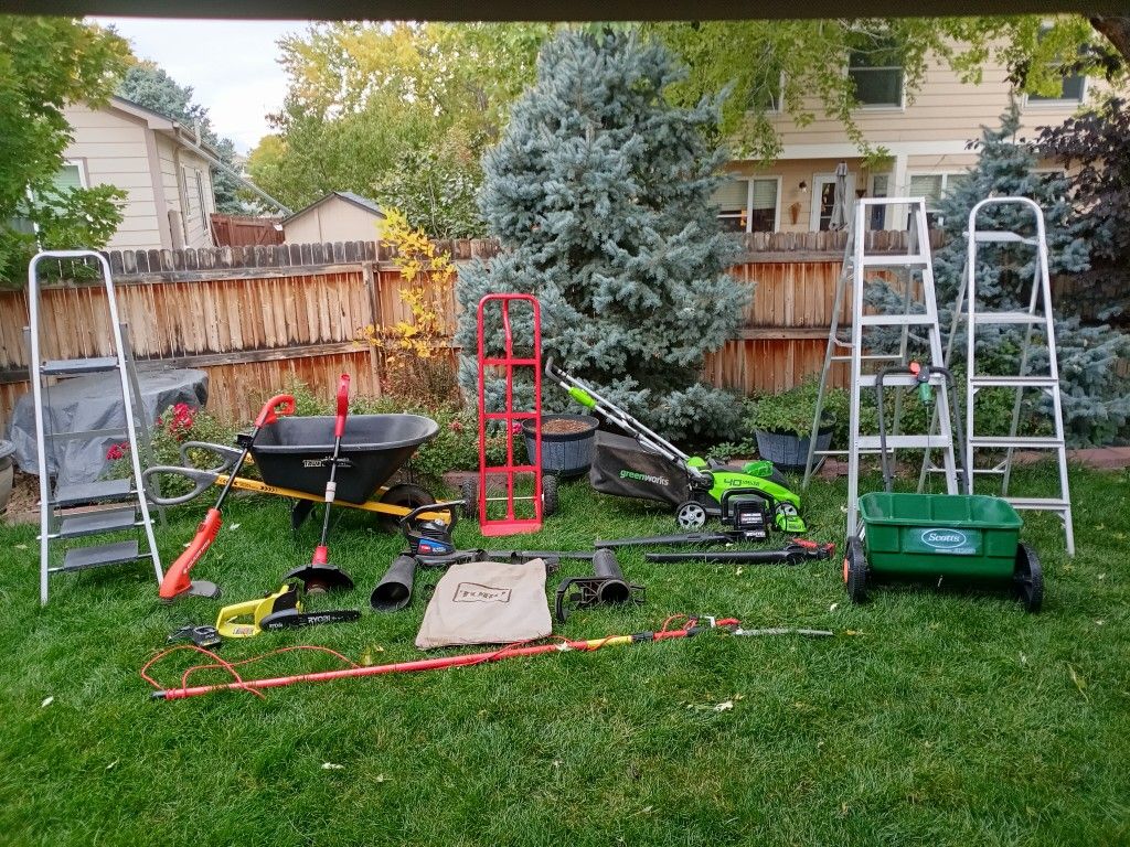 HUGE Selection Of Yard Tools Blowers Chainsaw Ladders Mower Tree Trimmer Wheelbarrow