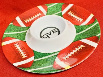Footballs Chip & Dip Serving Bowl Plate Football Sunday Party Tray 13”dia.
