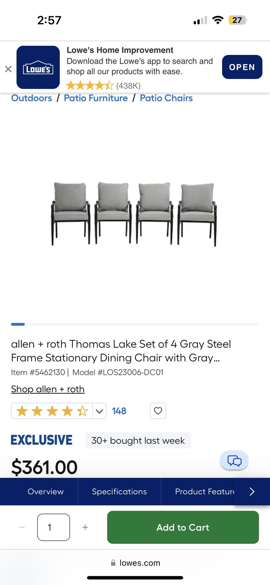 allen + roth Thomas Lake Set of 4 Gray Steel Frame Stationary Dining Chair with Gray