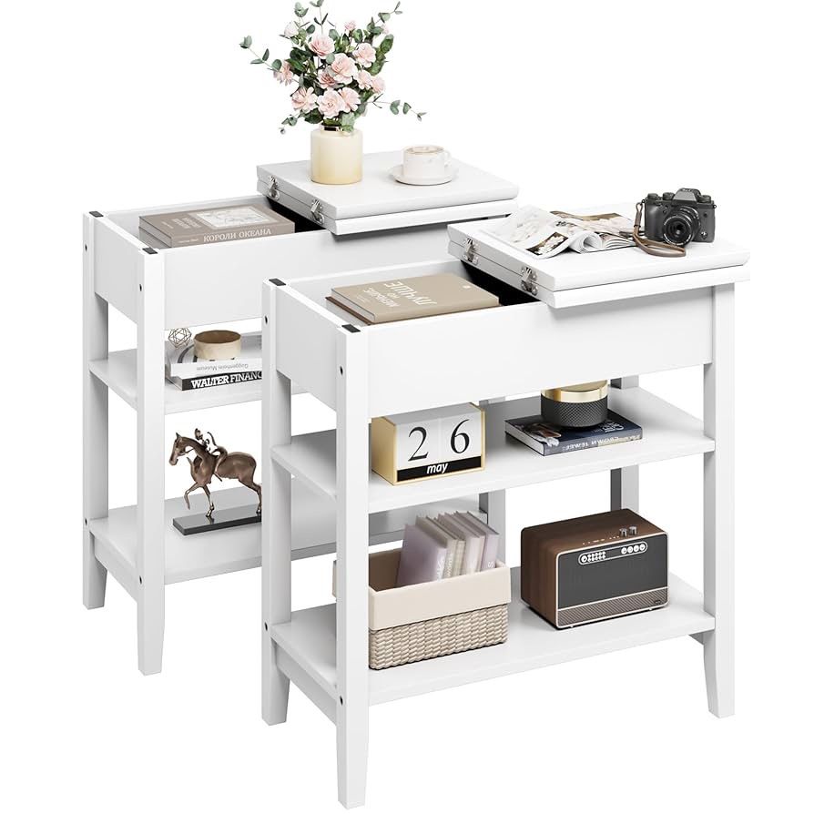 End Table White, Narrow Side Table with Storage Shelves, Flip Top Sofa Table Bedside Table for Living Room Small Space