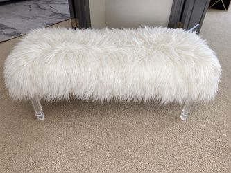 White Faux Fur Bench w/ Acrylic Legs