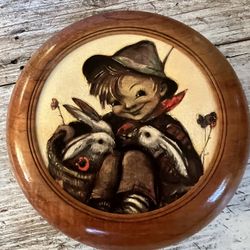 Vintage MCM Hummel Wall Hanging Music Box Boy & Bunnies in Basket - Music: The Shadow Of Your Smile