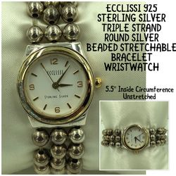 ECCLISSI 925 STER Silver Triple Strand Beaded Stretchable Bracelet Wristwatch