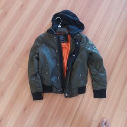 Bomber Jacket. Dark Green With Black Hoodie. Boys Size Medium. Local Pick Up In Whittier 