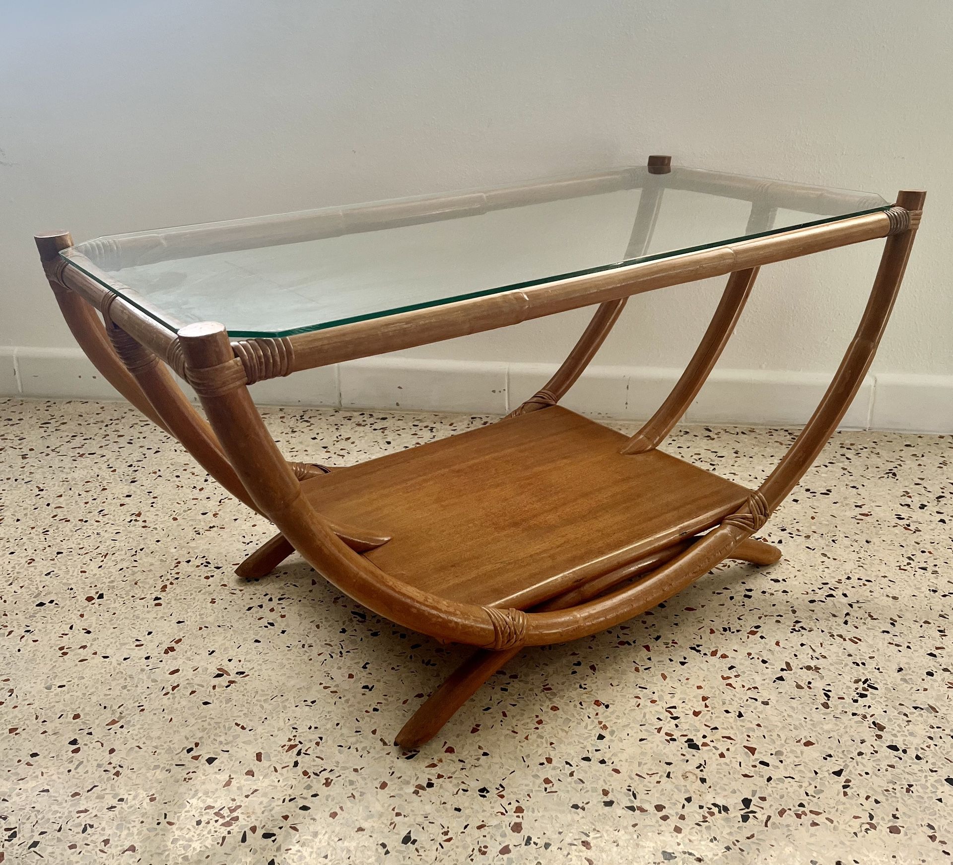 Mid 20th Century Bamboo/Glass Top Coffee Table