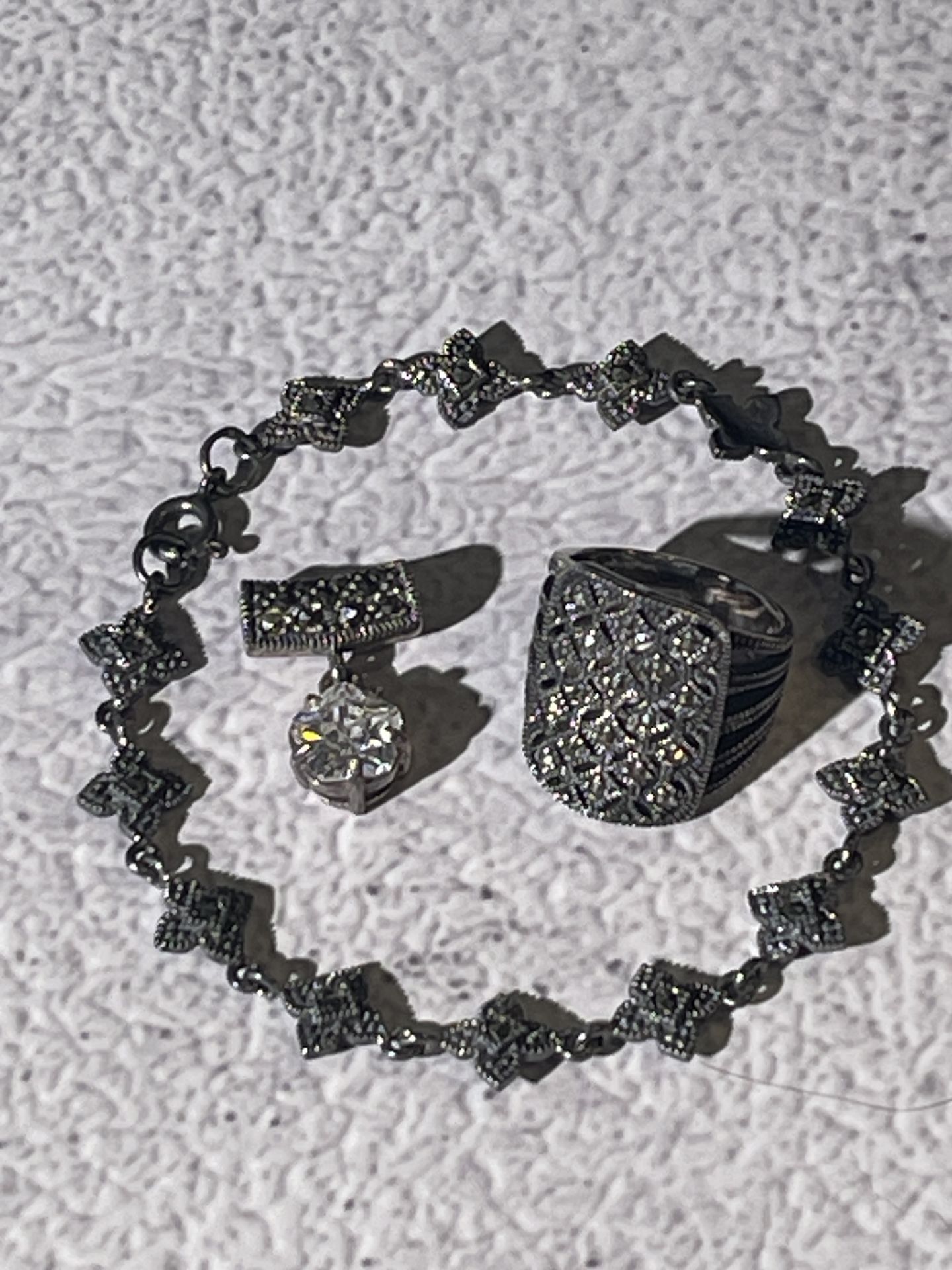 925 Stamped Sterling Silver Marcasite Jewelry Set – Ring, Bracelet & Pendant