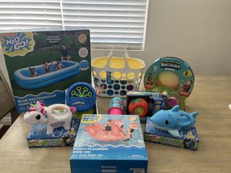 Summer Toy Lot 9 Items With Large Pool, Bubble Machines, Flamingo Float, Sand Toys New