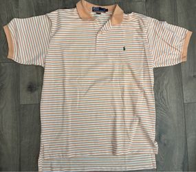 Ralph Lauren Polo T-shirt Striped White Orange Large Y2K Golf Sport