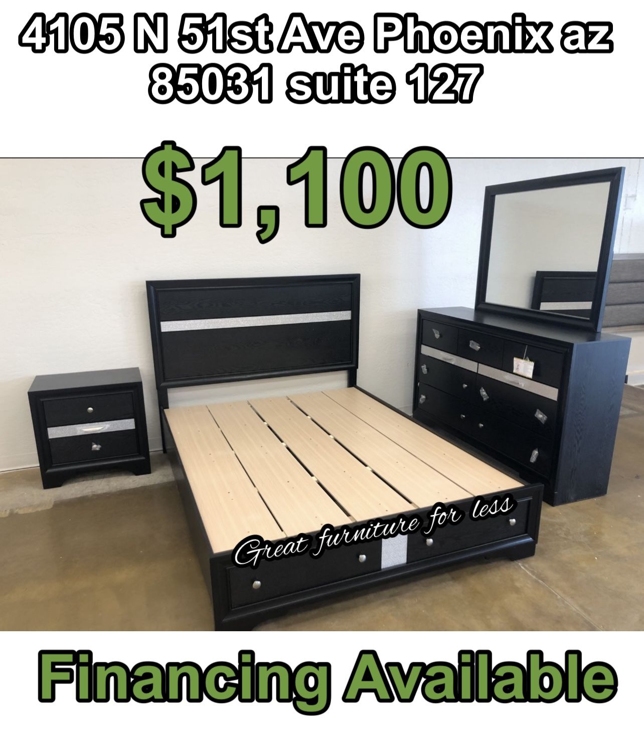 Queen Size Bedroom Set Black Include Bed Frame Dresser Mirror And Nightstand Brand New