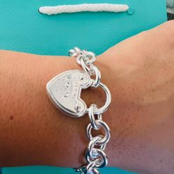 925 Sterling Silver Heart Padlock Chain Bracelet Please Return To New York 