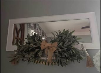 36 x 14 Beautiful Farmhouse Entryway Mirror with Hooks & Olive Wreath