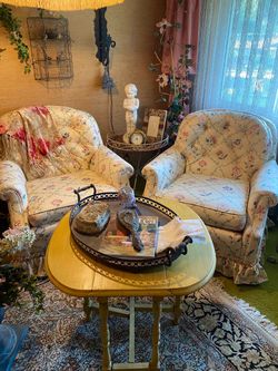 Pair of shabby chic, Vintage upholstered chairs Cottage core
