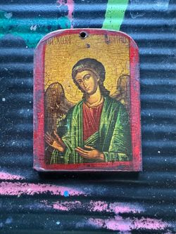 Antique Hand Made Byzantine Style On Wood Mini  Greek Orthodox religious icon plaque depicting Archangel Michael
