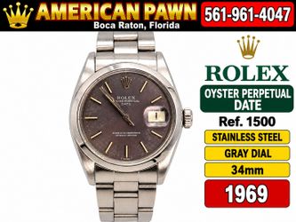 Rolex Oyster Perpetual Date Stainless Steel Ref1500 Gray Dial 1969 34mm Vintage, 