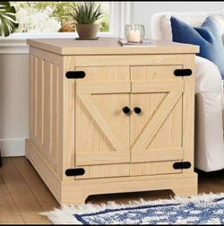MINCETA End Tables with Charging Station,25" Farmhouse Wooden Sofa Side Table with Storage, Square Adjustable Shelf End Table for Living Room, Natural
