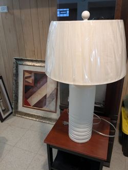 White Ceramic Ribbed Table Lamp with Drum Shade