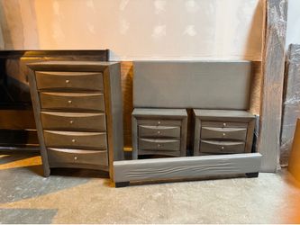 4 Piece Bedroom Set - Gray Queen Bed Frame, 2 Nightstands, and Chest