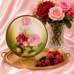 Original Vintage Porcelain Rose THOMAS Dessert Plate Signed Fine Art Real Gold Decor High End Elegant Wall Decorator Antique  Collectible 7 3/4” White