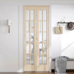 easelife 28 in. x 80 in. Pre Assembled Clear Glass Unfinished Solid Core Wood Brown Unfinished Bi-fold Door with Hardware