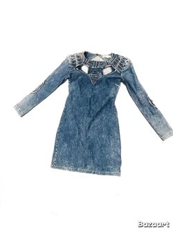 Vintage Acid Wash Denim Mini Dress with Cutout Detail