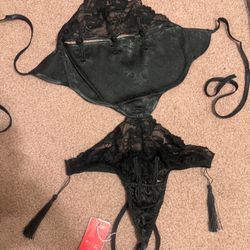 New small black bodysuit sheer robe satin lingerie set goth gothic lace satin