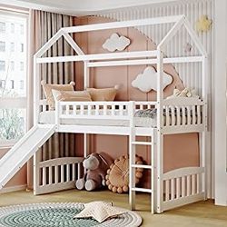 Wood Loft Bed with Slide, House Shaped Twin Size Loft Bed
