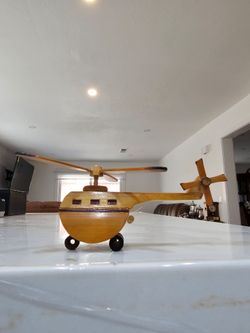 Vintage Handmade Wooden Miniature Helicopter, Folk Art Aviation Decor, Handcrafted Wood Aircraft Model, Pilot Gift, Office Shelf Decor
