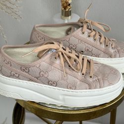 Gucci Tennis 1977 Pink GG Canvas Sneakers – Like New, Size 37
