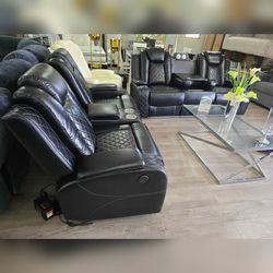 2PC Power recliners Black Breathing leather