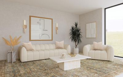 Sofa and half accent Chair. Sand Pebble Boucle Upholstery,