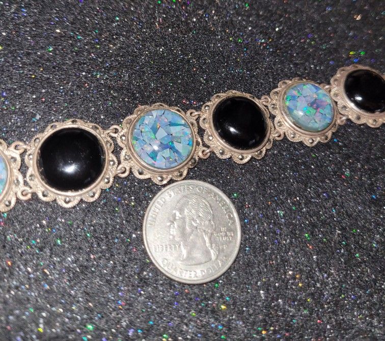 Vintage 925 Sterling Opal Black Onyx Bracelet