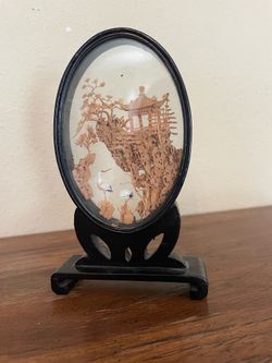 Vintage Chinese Carved Cork Diorama – Pagoda, Cranes & Mountain Landscape in Oval Frame