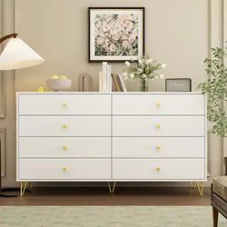 8-Drawer White Wood Dresser Vanity Table Chest of Drawers Cabinet with Legs 31.5 in. H x 55.1 in. W x 15.7 in. D