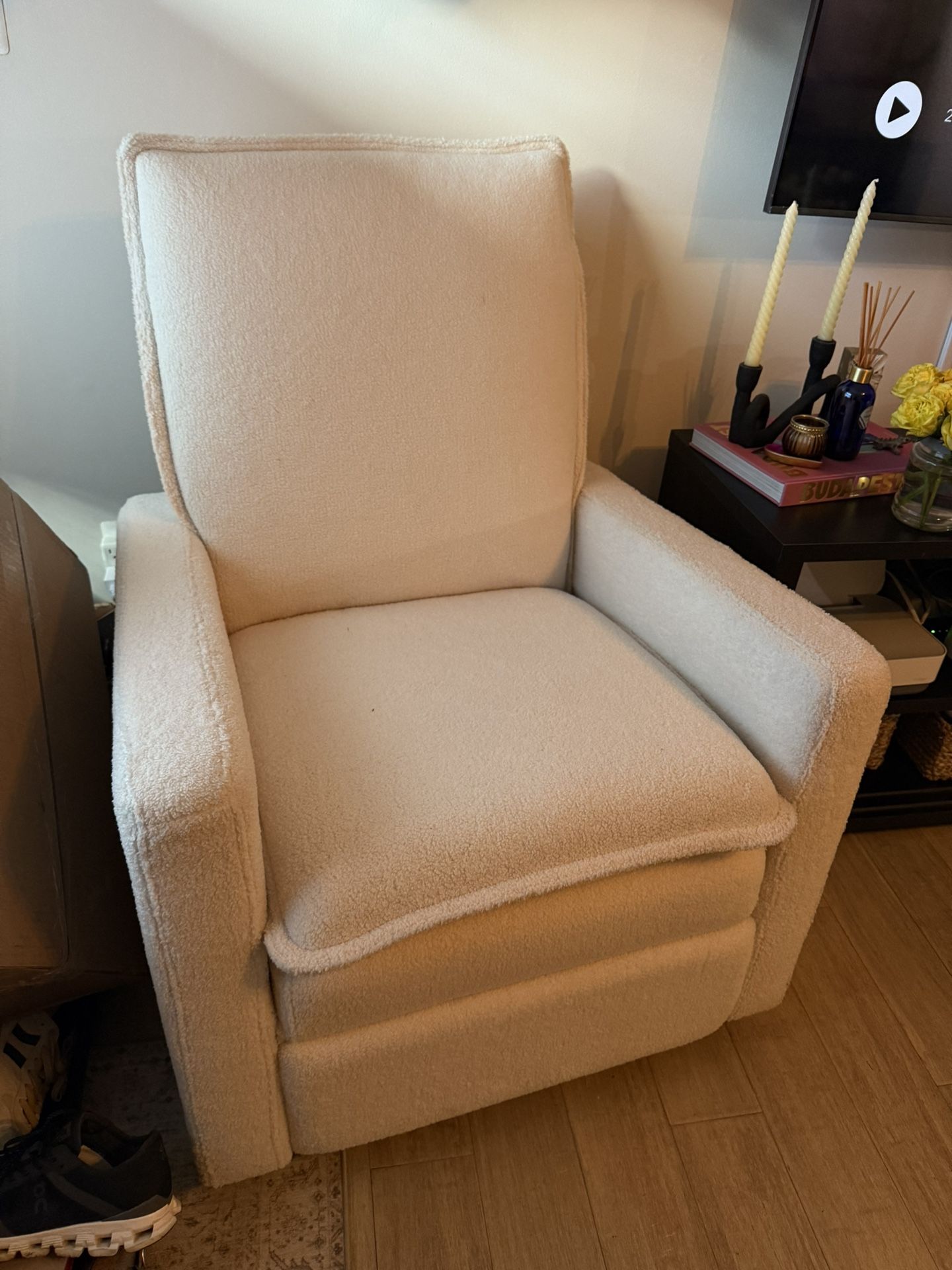 White Boucle Swivel Recliner Chair