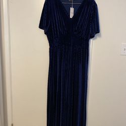 Navy Blue Women’s V Neck Velvet Maxi Dress Short Sleeve Empire Waist Long Formal Dress for Wedding Guest