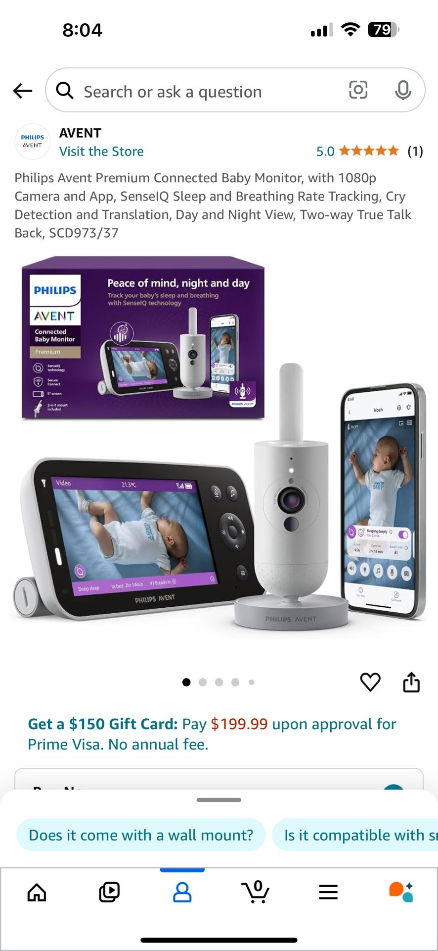 Philips Avent Premium Connected Baby Monitor, with 1080p Camera and App, SenseIQ Sleep and Breathing Rate Tracking, Cry Detection and Translation, Day
