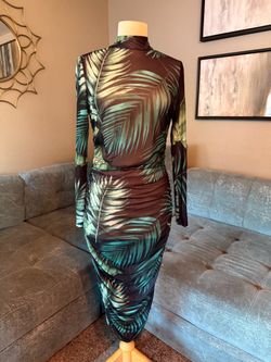 Tropical Palm Leaf Print Ruched Long Sleeve Bodycon Dress