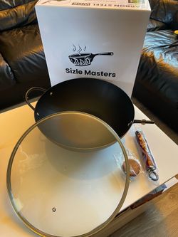 Sizle Masters Carbon Steel Wok with Lid Ceramic Nonstick Flat Bottom Wok Pan Induction Compatible Stir Fry Wok Beech Wood Handle Glass Lid Healthy Coo