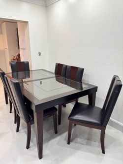 Glass Wood Top Dining Table with 6 Chairs