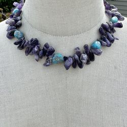 AMETHYST  TURQUOISE  NATURAL   stones    necklace Sterling Clasp 