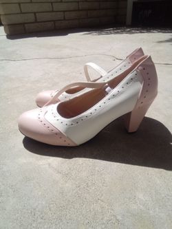 Pink and White Two-Tone Block Heel Pumps