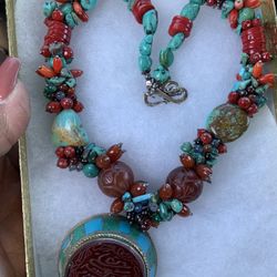 Vintage Sterling Silver Turquoise Corral Necklace 