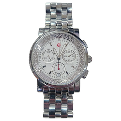Ladies Michele 38mm Sport Sail Stainless Steel Wristwatch with White Dial & Diamond Inner Bezel. (Pre-Owned)