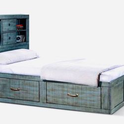 SOLID WOOD TWIN SZ CAPTAIN BED W BOOKCASE HEADBOARD  W  STORAGE DRAWERS  