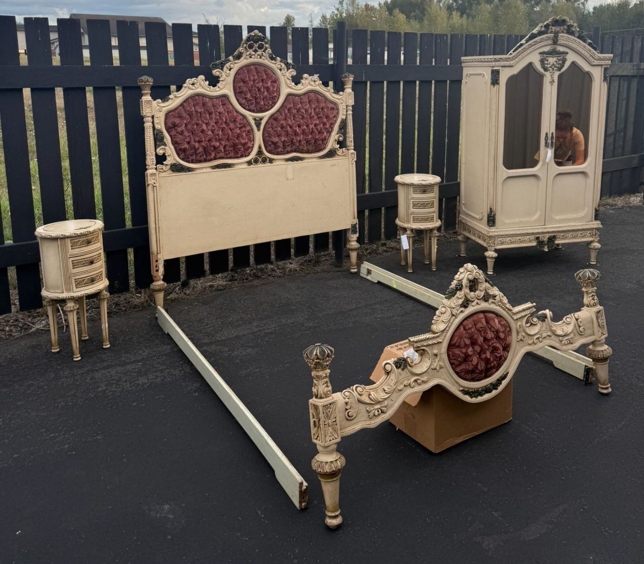 Antique French Bedroom Set Bedframe, matching nightstands and armoire/wardrobe  Pick up only located in Orting  Christmas 