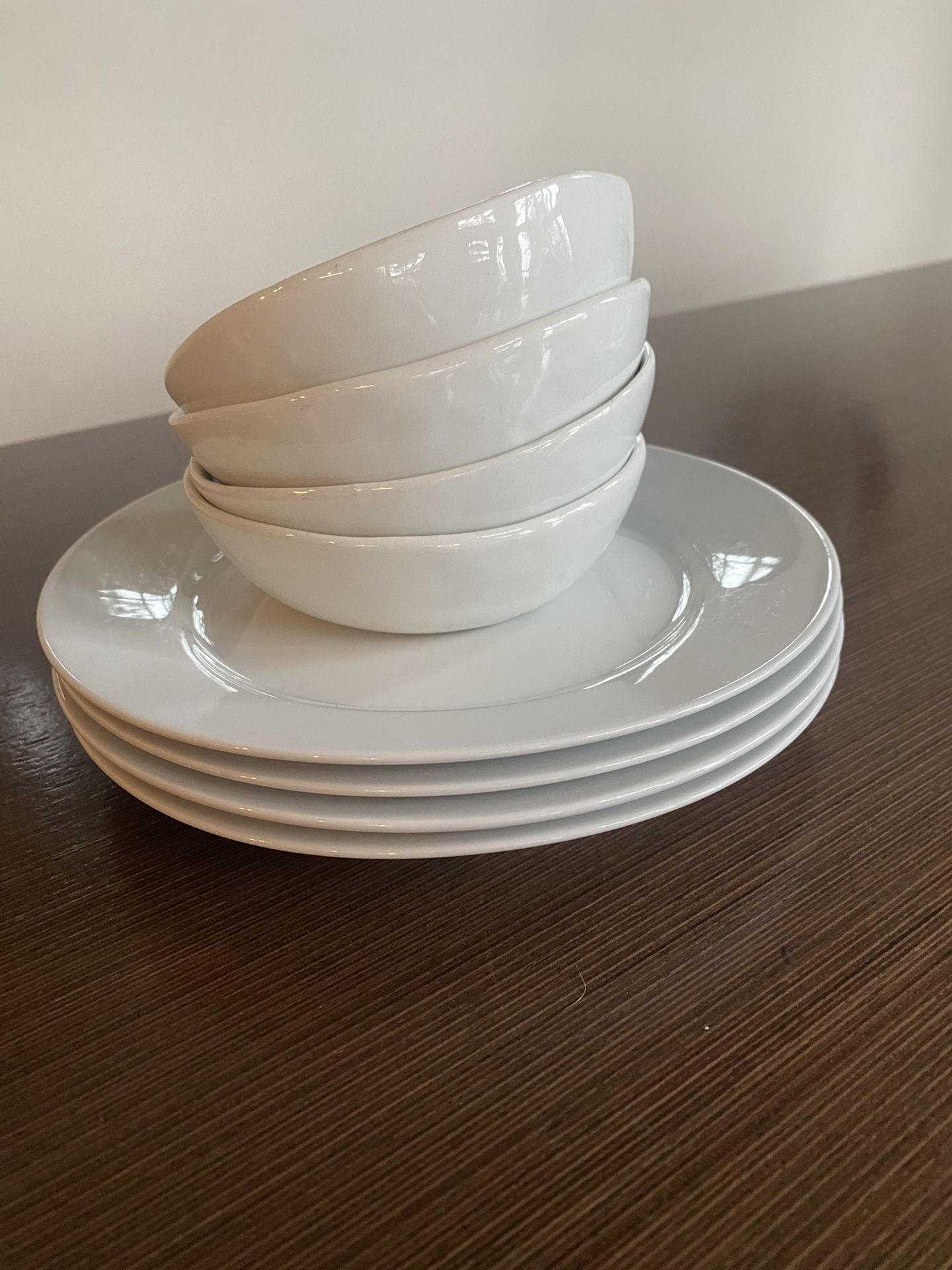 Crate & Barrel 4 Piece Of White Plates 8.25” In Diameter and 4 Bowls 5” Sold together or Separately